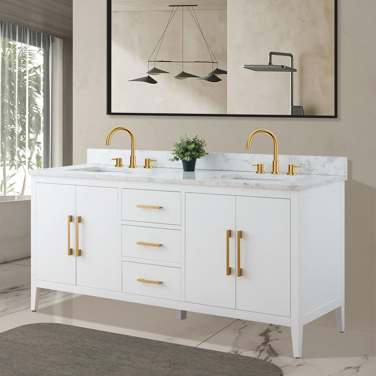 Vanity Art 72 Double Sink Bathroom Vanity Cabinet with Engineered Marble Top
