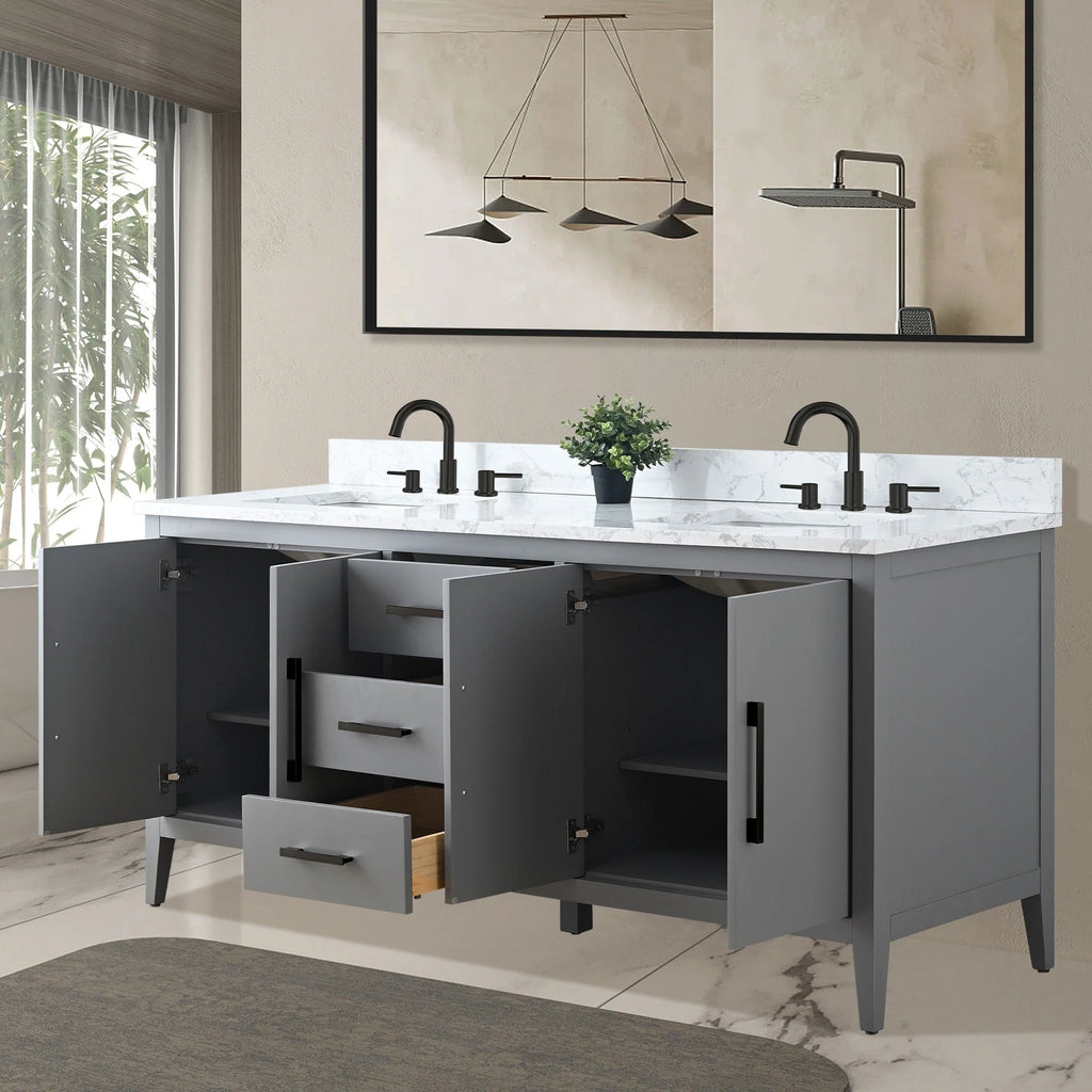 Vanity Art 72 Double Sink Bathroom Vanity Cabinet with Engineered Marble Top