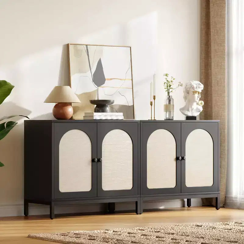 Whizmax Mobile Buffet con Contenitore, Armadietto da Cucina con Ante in Rattan, Mobile Accento, Credenza Consolle per Soggiorno