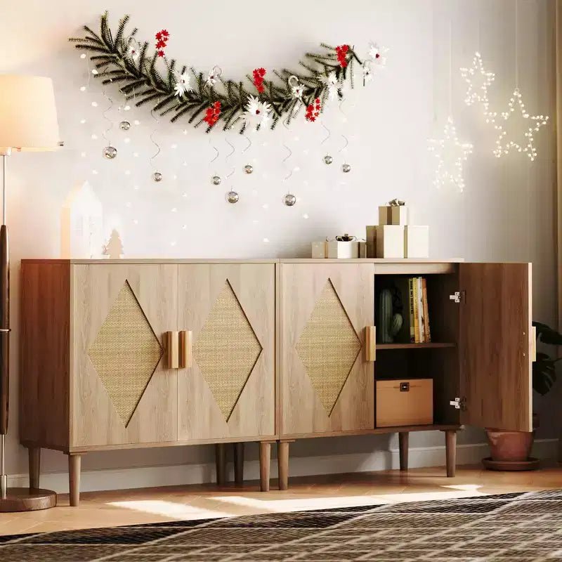 Buffet Whizmax avec Rangement, Meuble de Rangement avec 2 Portes en Rotin, Buffet, Armoire d'Appoint pour Salon, Entrée, Naturel