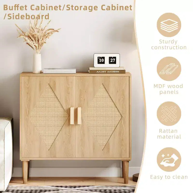 Buffet Whizmax avec Rangement, Meuble de Rangement avec 2 Portes en Rotin, Buffet, Armoire d'Appoint pour Salon, Entrée, Naturel