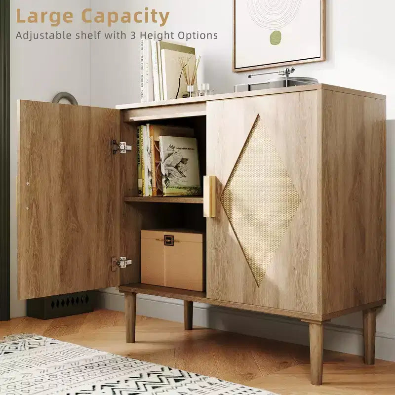 Buffet Whizmax avec Rangement, Meuble de Rangement avec 2 Portes en Rotin, Buffet, Armoire d'Appoint pour Salon, Entrée, Naturel