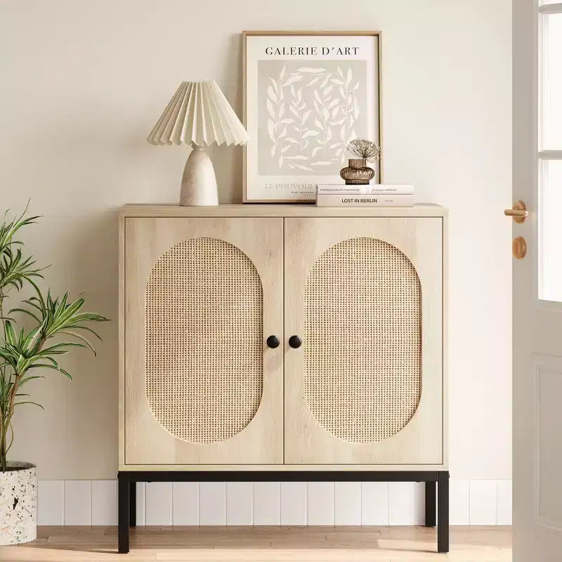Mobile buffet in rattan Whizmax, mobile contenitore naturale con ripiani regolabili, piccola credenza per sala da pranzo, cucina, soggiorno, corridoio