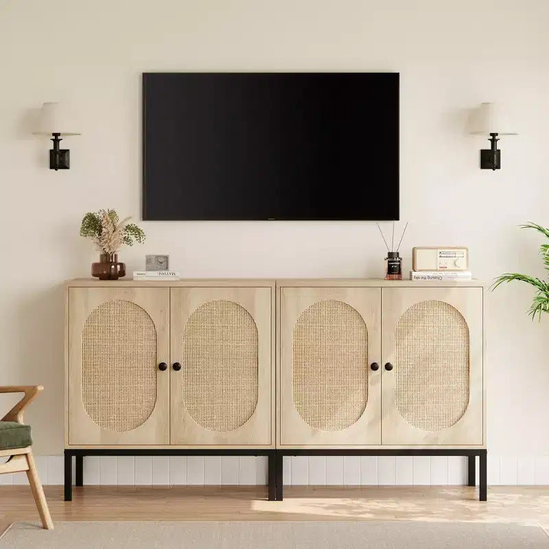 Mobile buffet in rattan Whizmax, mobile contenitore naturale con ripiani regolabili, piccola credenza per sala da pranzo, cucina, soggiorno, corridoio
