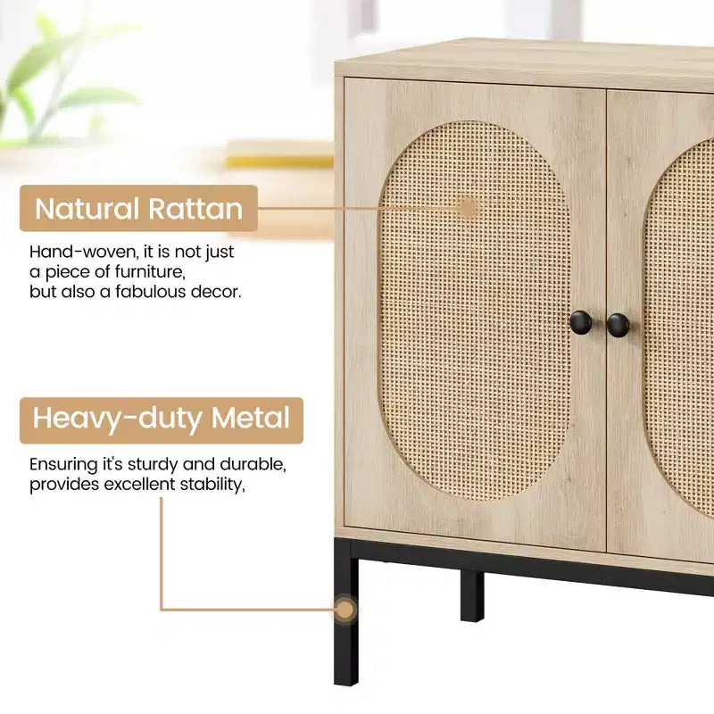 Mobile buffet in rattan Whizmax, mobile contenitore naturale con ripiani regolabili, piccola credenza per sala da pranzo, cucina, soggiorno, corridoio