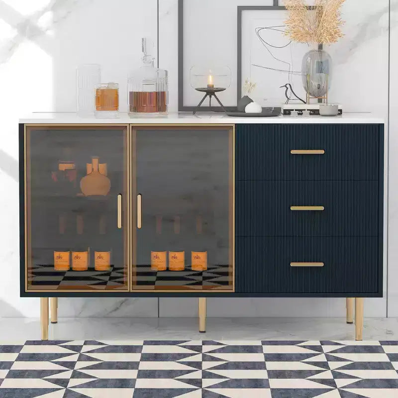 Whisen Modern Sideboard Marble Sticker Tabletop with Gold Metal Legs and Handles for Dining Room, Living Room
