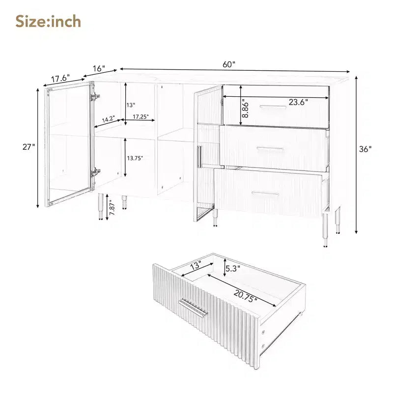 Credenza moderna Whisen con piano in marmo adesivo, gambe e maniglie in metallo dorato per sala da pranzo, soggiorno