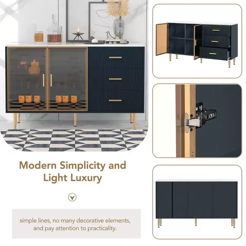 Credenza moderna Whisen con piano in marmo adesivo, gambe e maniglie in metallo dorato per sala da pranzo, soggiorno
