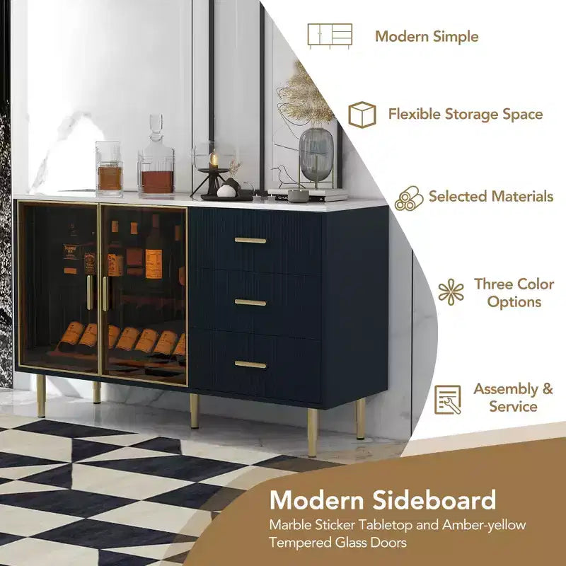 Credenza moderna Whisen con piano in marmo adesivo, gambe e maniglie in metallo dorato per sala da pranzo, soggiorno