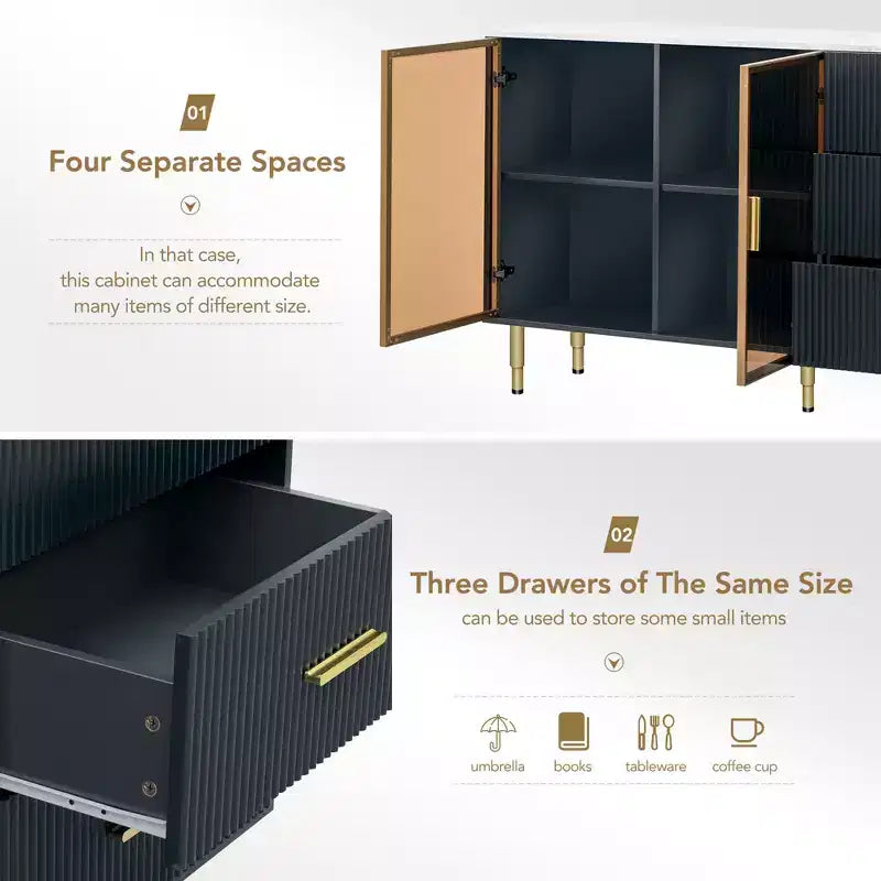 Credenza moderna Whisen con piano in marmo adesivo, gambe e maniglie in metallo dorato per sala da pranzo, soggiorno