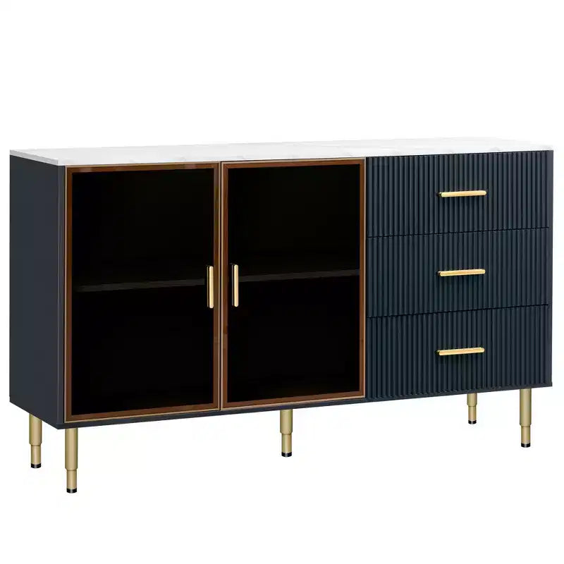 Credenza moderna Whisen con piano in marmo adesivo, gambe e maniglie in metallo dorato per sala da pranzo, soggiorno
