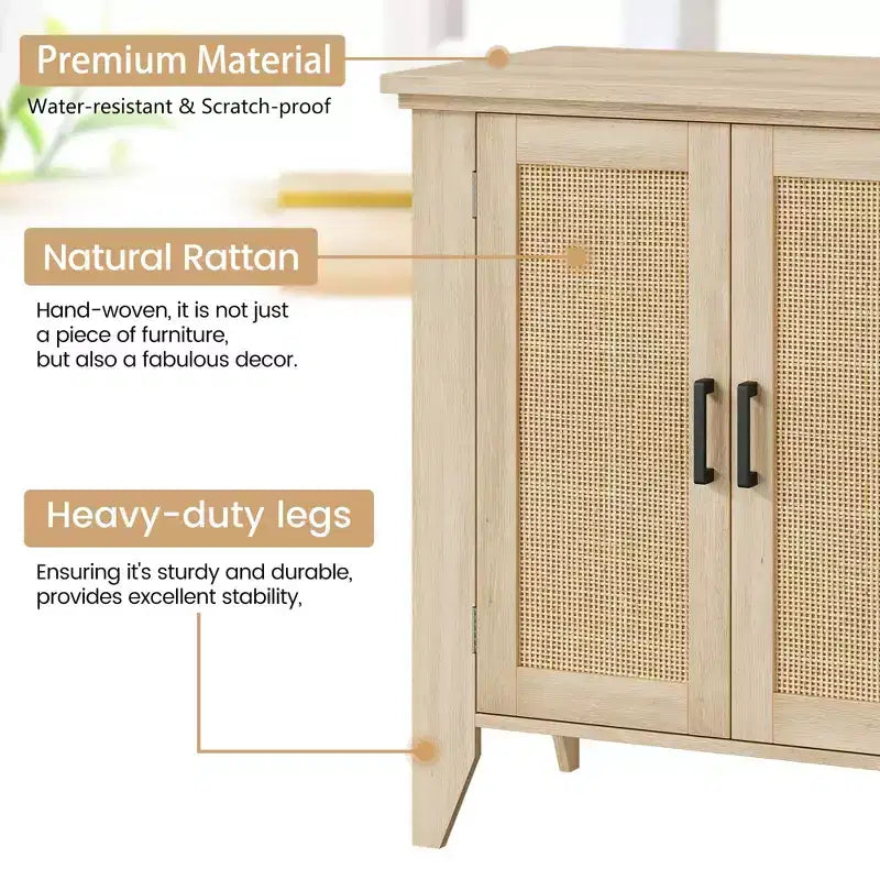 Mobile Buffet, Credenza Contenitore in Rattan con Ante e Ripiani, Mobile d'Accento Consolle in Legno