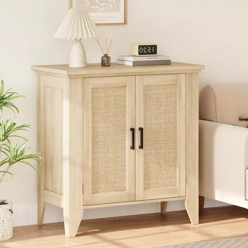 Mobile Buffet, Credenza Contenitore in Rattan con Ante e Ripiani, Mobile d'Accento Consolle in Legno