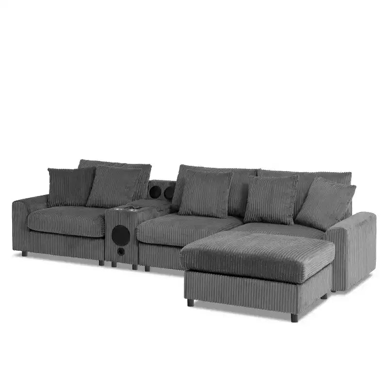 Divano componibile a L in velluto a coste da 114'' con altoparlanti Bluetooth, caricabatterie USB, portabicchieri e pouf - ModernLuxe