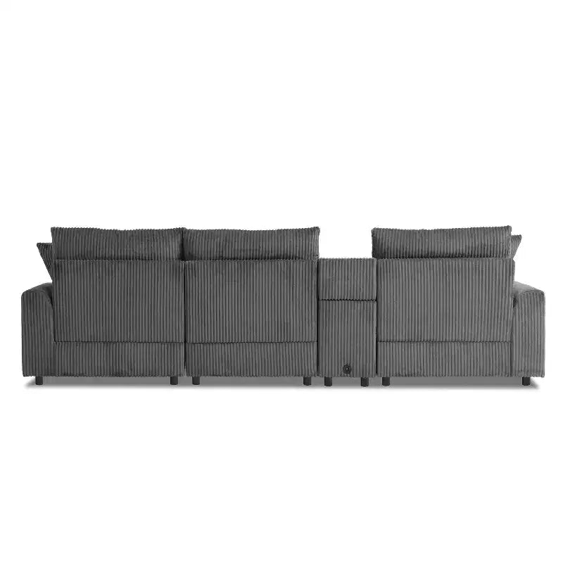 Divano componibile a L in velluto a coste da 114'' con altoparlanti Bluetooth, caricabatterie USB, portabicchieri e pouf - ModernLuxe