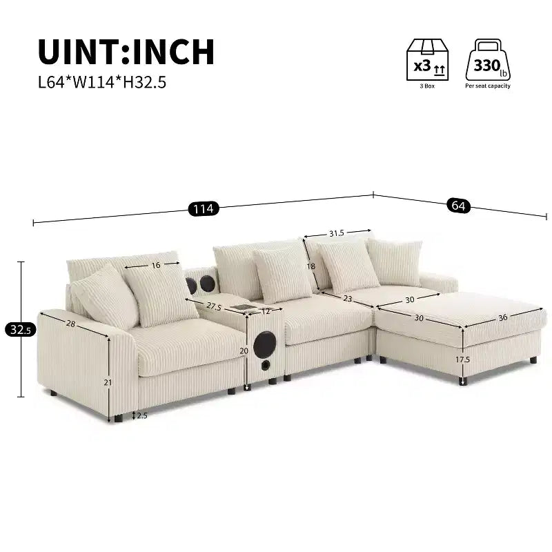Divano componibile a L in velluto a coste da 114'' con altoparlanti Bluetooth, caricabatterie USB, portabicchieri e pouf - ModernLuxe