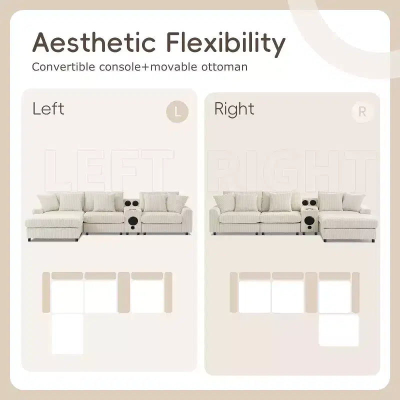 Divano componibile a L in velluto a coste da 114'' con altoparlanti Bluetooth, caricabatterie USB, portabicchieri e pouf - ModernLuxe