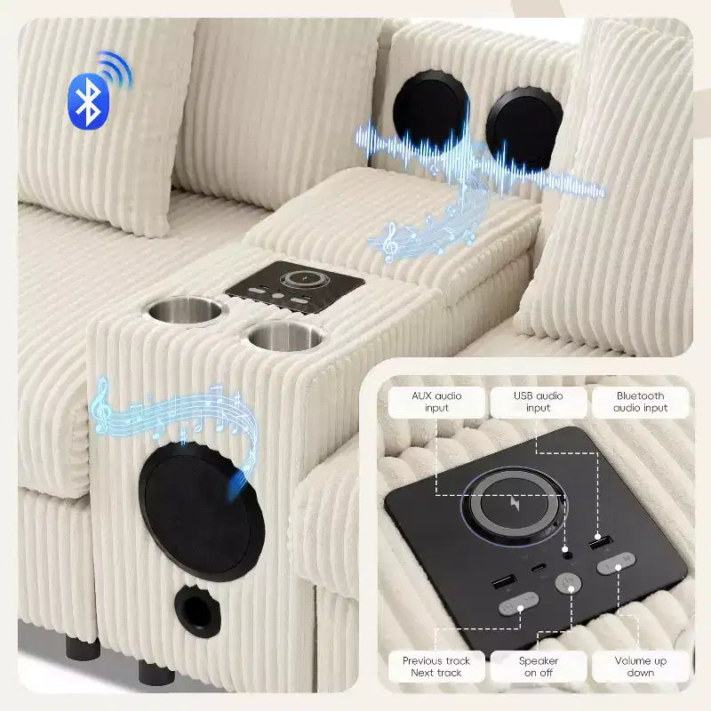 Divano componibile a L in velluto a coste da 114'' con altoparlanti Bluetooth, caricabatterie USB, portabicchieri e pouf - ModernLuxe