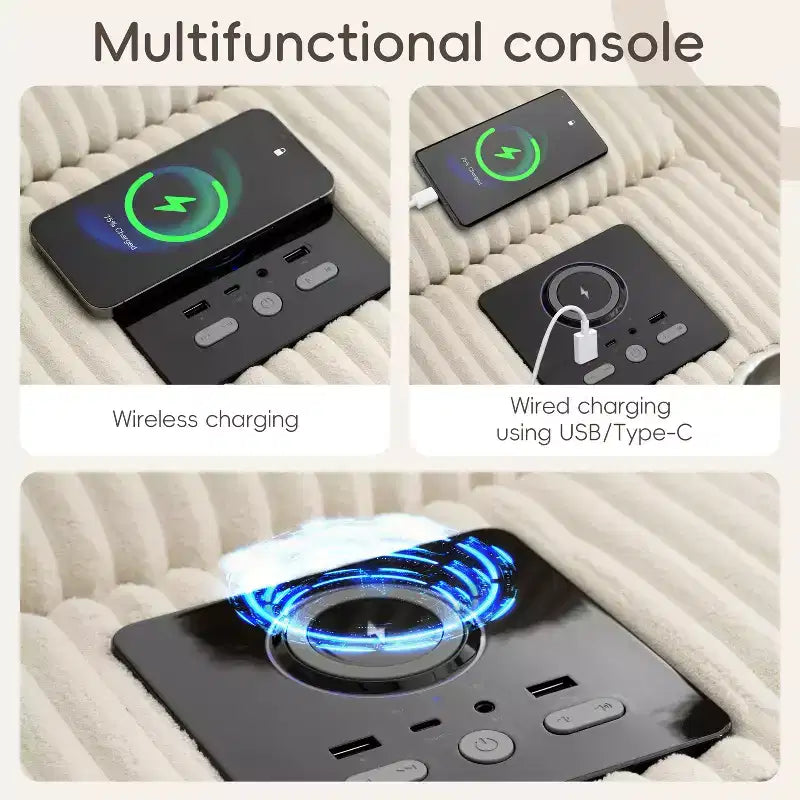 Divano componibile a L in velluto a coste da 114'' con altoparlanti Bluetooth, caricabatterie USB, portabicchieri e pouf - ModernLuxe
