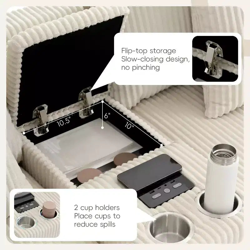 Divano componibile a L in velluto a coste da 114'' con altoparlanti Bluetooth, caricabatterie USB, portabicchieri e pouf - ModernLuxe