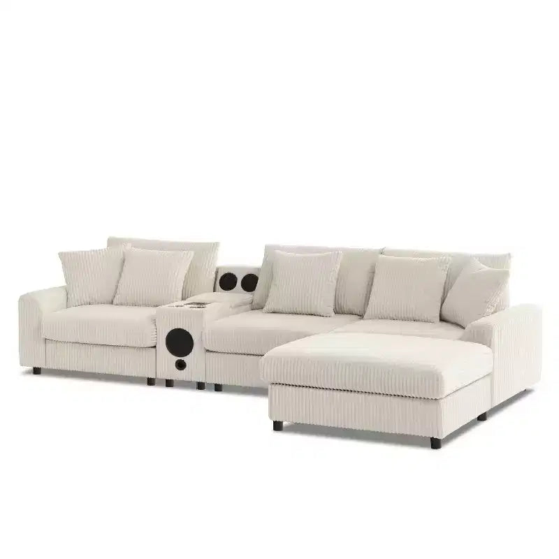 Divano componibile a L in velluto a coste da 114'' con altoparlanti Bluetooth, caricabatterie USB, portabicchieri e pouf - ModernLuxe