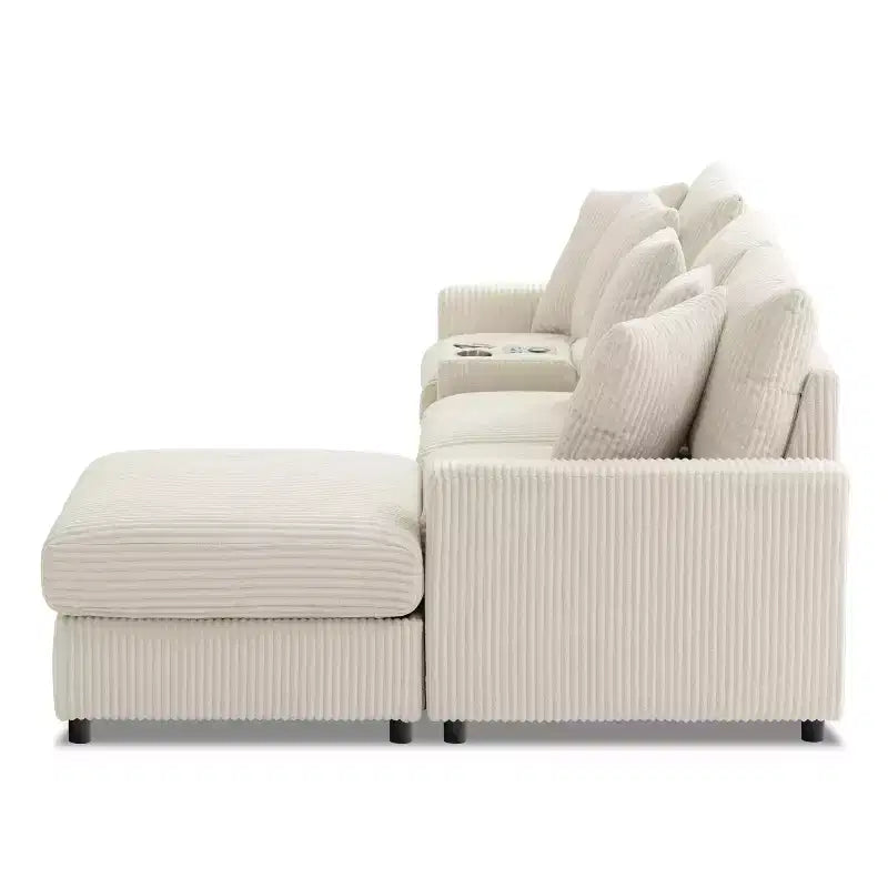 Divano componibile a L in velluto a coste da 114'' con altoparlanti Bluetooth, caricabatterie USB, portabicchieri e pouf - ModernLuxe