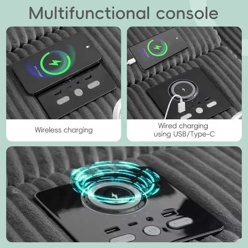 Divano componibile a L in velluto a coste da 114'' con altoparlanti Bluetooth, caricabatterie USB, portabicchieri e pouf - ModernLuxe