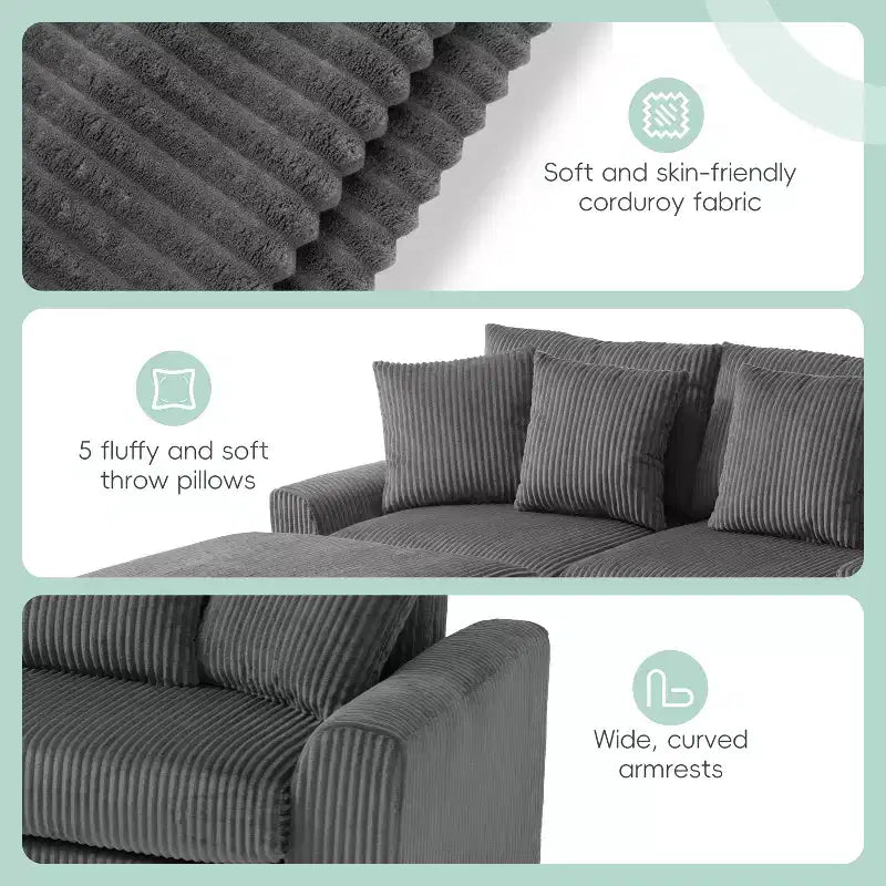 Divano componibile a L in velluto a coste da 114'' con altoparlanti Bluetooth, caricabatterie USB, portabicchieri e pouf - ModernLuxe