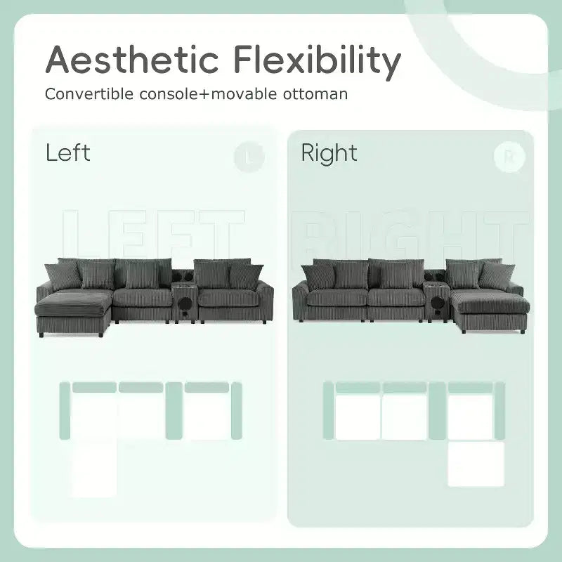 Divano componibile a L in velluto a coste da 114'' con altoparlanti Bluetooth, caricabatterie USB, portabicchieri e pouf - ModernLuxe