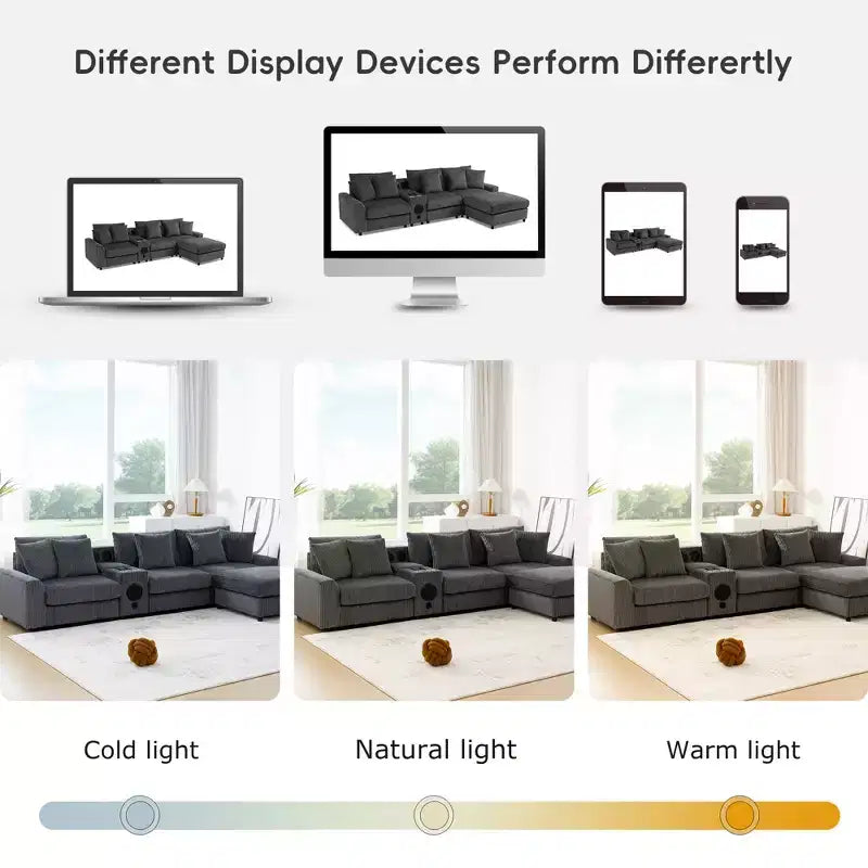 Divano componibile a L in velluto a coste da 114'' con altoparlanti Bluetooth, caricabatterie USB, portabicchieri e pouf - ModernLuxe