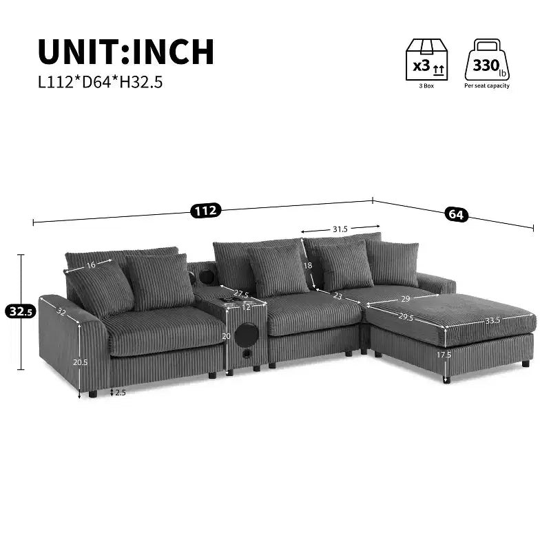 Divano componibile a L in velluto a coste da 114'' con altoparlanti Bluetooth, caricabatterie USB, portabicchieri e pouf - ModernLuxe