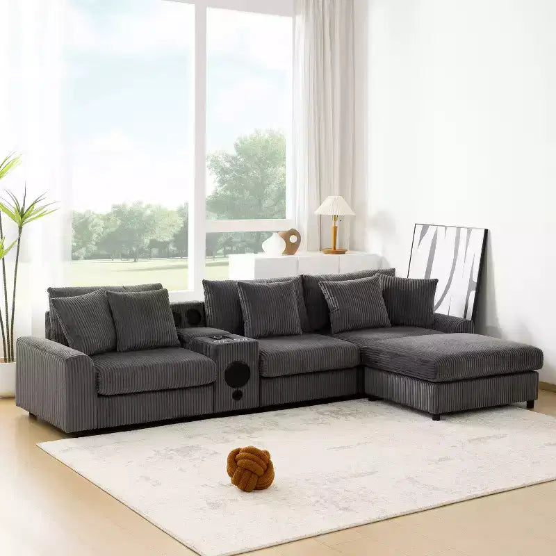 114''W Corduroy L-Shaped Sectional Sofa with Bluetooth Speakers, USB Charger, Cup Holders and Ottoman - ModernLuxe