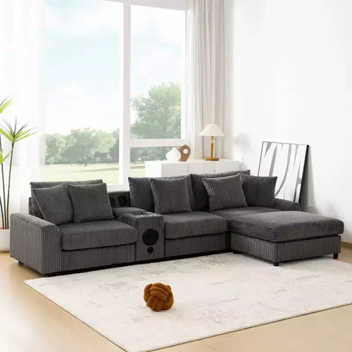 114''W Corduroy L-Shaped Sectional Sofa with Bluetooth Speakers, USB Charger, Cup Holders and Ottoman - ModernLuxe