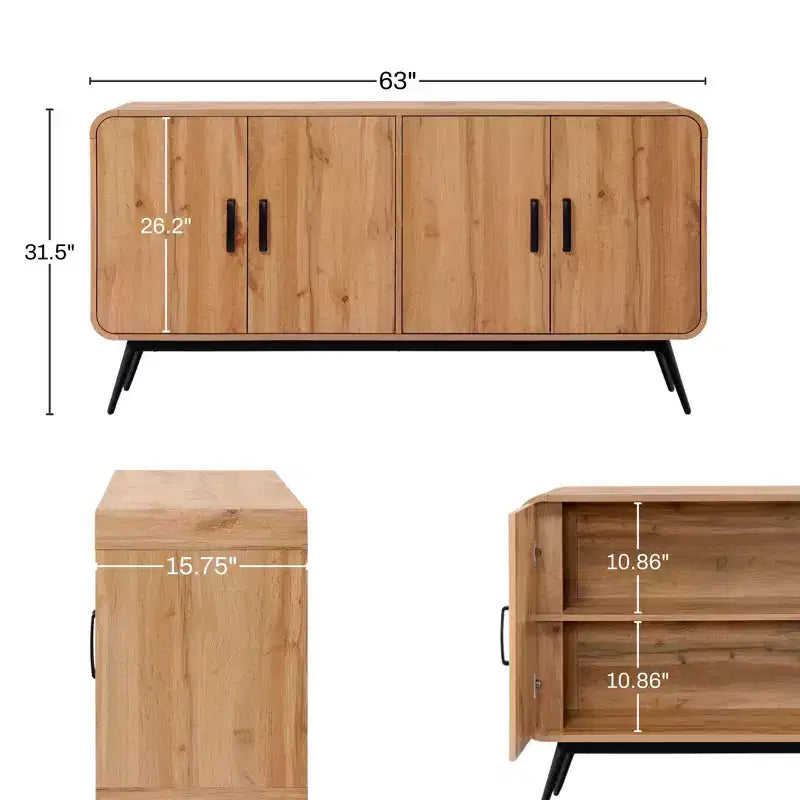 LuxenHome Credenza Mobile Contenitore a 4 Ante con Chiusura Ammortizzata Larga 160 cm con Gambe in Metallo Nero