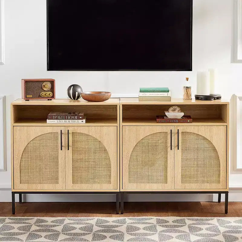 Mobiletto ad arco a 2 ante in rattan Best Choice Products, credenza, buffet, con foro passacavi, ripiano regolabile