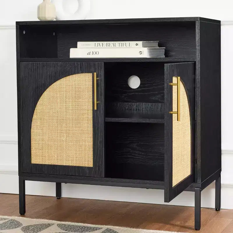 Mobiletto ad arco a 2 ante in rattan Best Choice Products, credenza, buffet, con foro passacavi, ripiano regolabile