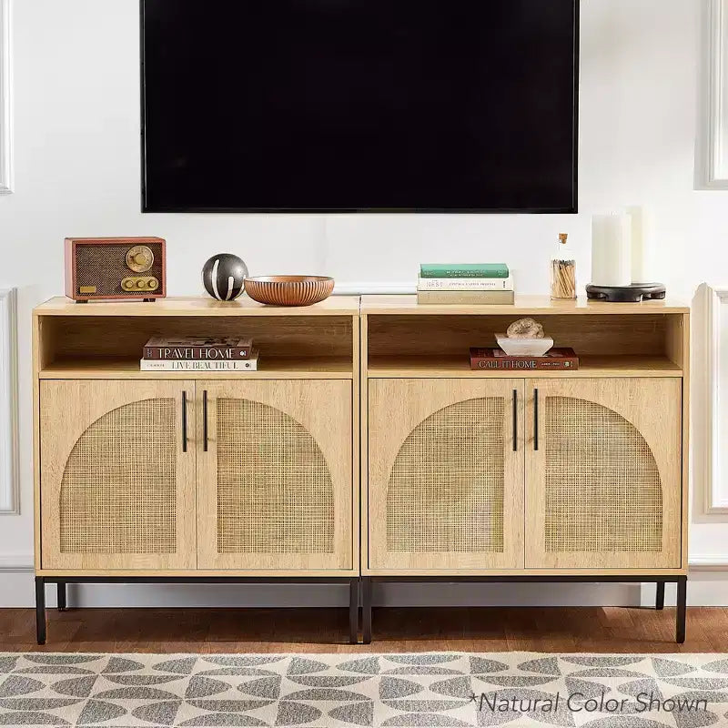Mobiletto ad arco a 2 ante in rattan Best Choice Products, credenza, buffet, con foro passacavi, ripiano regolabile