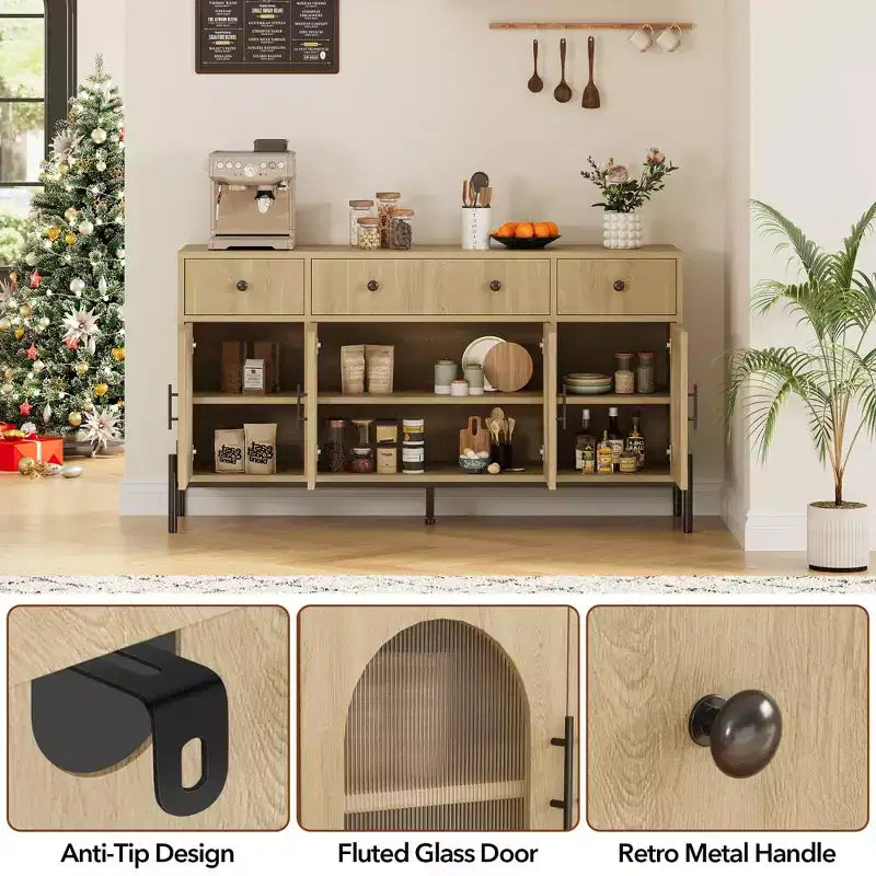 Credenza Grande da 62" con Mobile Buffet con Contenitore e 3 Cassetti, Mobile Contenitore con 4 Ante in Vetro per Tavolo Buffet Bar Caffè