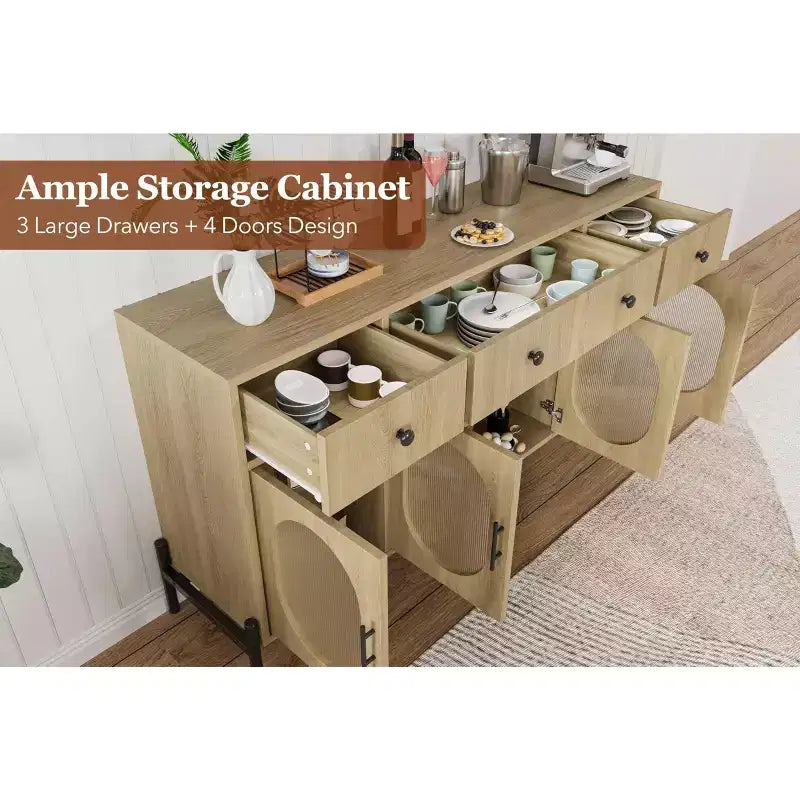 Credenza Grande da 62" con Mobile Buffet con Contenitore e 3 Cassetti, Mobile Contenitore con 4 Ante in Vetro per Tavolo Buffet Bar Caffè