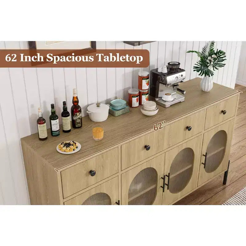 Credenza Grande da 62" con Mobile Buffet con Contenitore e 3 Cassetti, Mobile Contenitore con 4 Ante in Vetro per Tavolo Buffet Bar Caffè