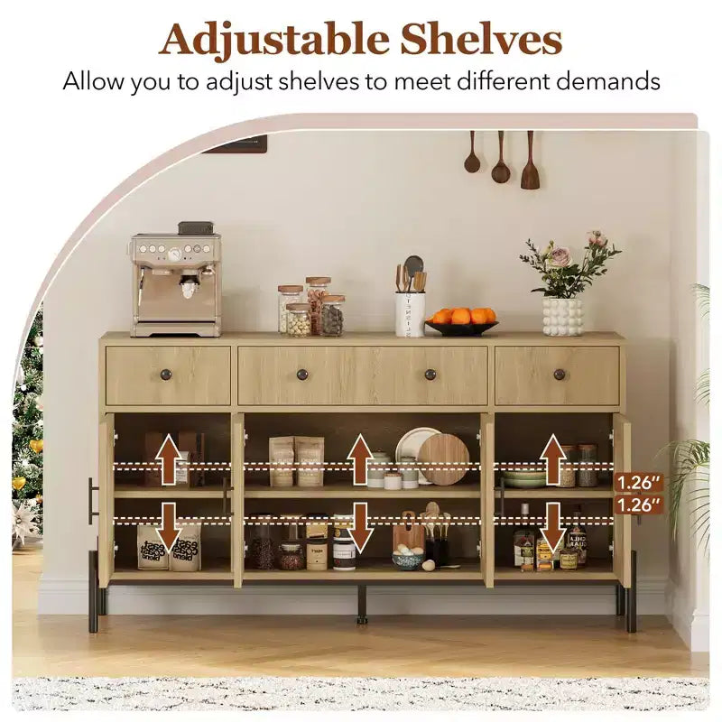 Credenza Grande da 62" con Mobile Buffet con Contenitore e 3 Cassetti, Mobile Contenitore con 4 Ante in Vetro per Tavolo Buffet Bar Caffè