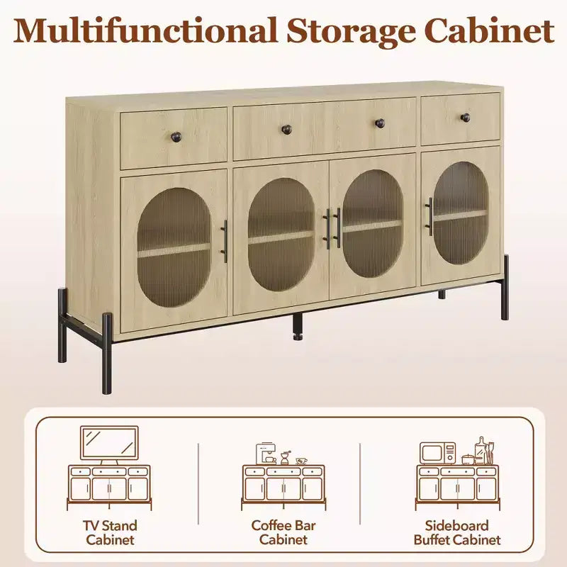 Credenza Grande da 62" con Mobile Buffet con Contenitore e 3 Cassetti, Mobile Contenitore con 4 Ante in Vetro per Tavolo Buffet Bar Caffè