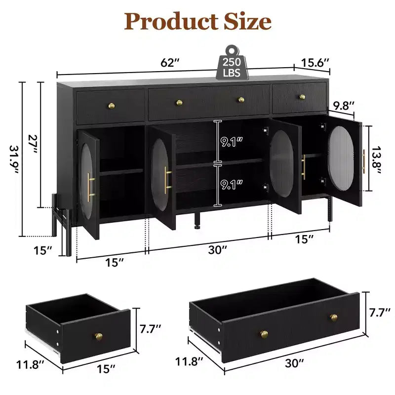 Credenza Grande da 62" con Mobile Buffet con Contenitore e 3 Cassetti, Mobile Contenitore con 4 Ante in Vetro per Tavolo Buffet Bar Caffè