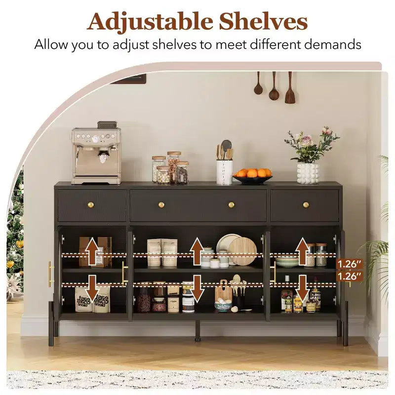 Credenza Grande da 62" con Mobile Buffet con Contenitore e 3 Cassetti, Mobile Contenitore con 4 Ante in Vetro per Tavolo Buffet Bar Caffè