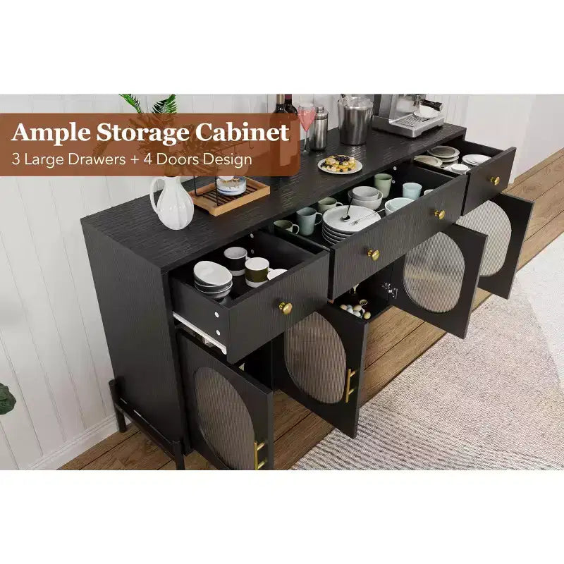 Credenza Grande da 62" con Mobile Buffet con Contenitore e 3 Cassetti, Mobile Contenitore con 4 Ante in Vetro per Tavolo Buffet Bar Caffè