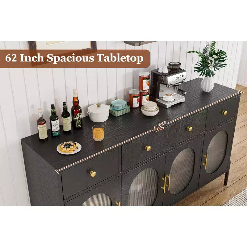 Credenza Grande da 62" con Mobile Buffet con Contenitore e 3 Cassetti, Mobile Contenitore con 4 Ante in Vetro per Tavolo Buffet Bar Caffè