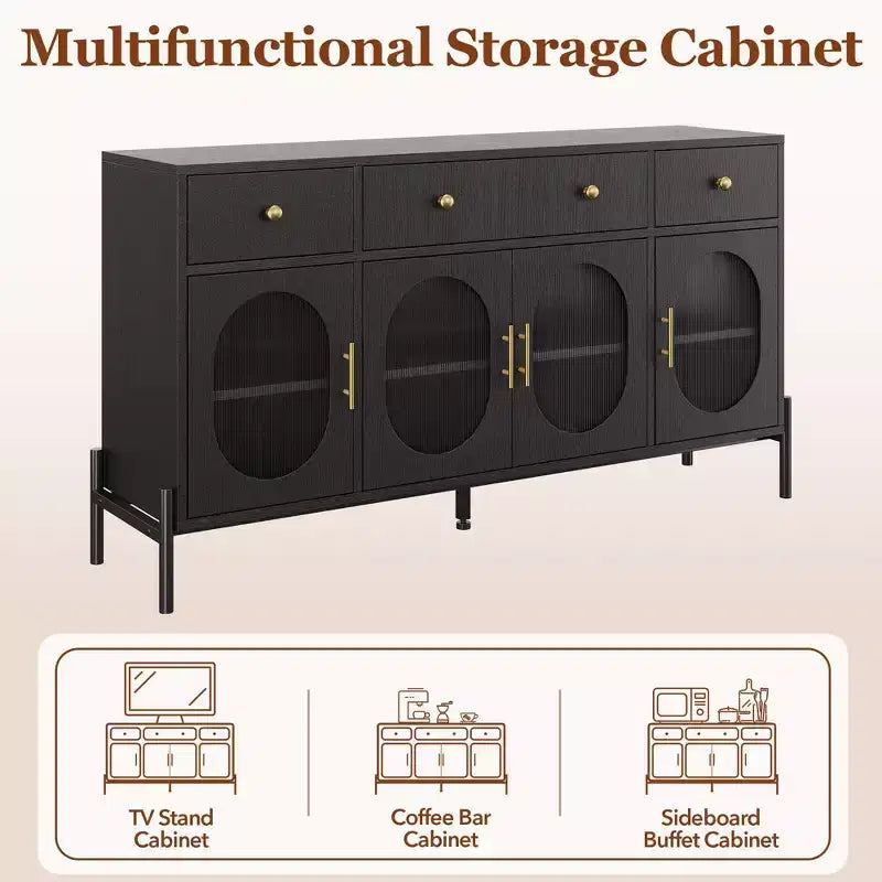 Credenza Grande da 62" con Mobile Buffet con Contenitore e 3 Cassetti, Mobile Contenitore con 4 Ante in Vetro per Tavolo Buffet Bar Caffè