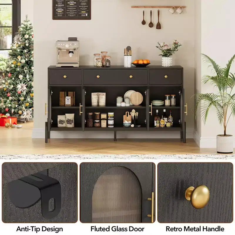 Credenza Grande da 62" con Mobile Buffet con Contenitore e 3 Cassetti, Mobile Contenitore con 4 Ante in Vetro per Tavolo Buffet Bar Caffè