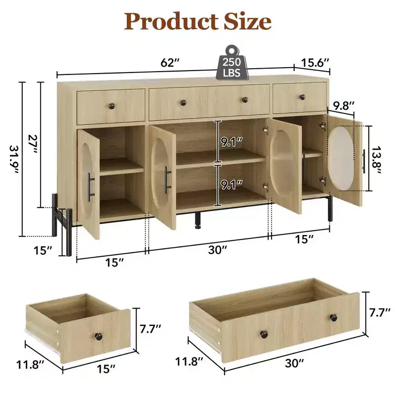Credenza Grande da 62" con Mobile Buffet con Contenitore e 3 Cassetti, Mobile Contenitore con 4 Ante in Vetro per Tavolo Buffet Bar Caffè