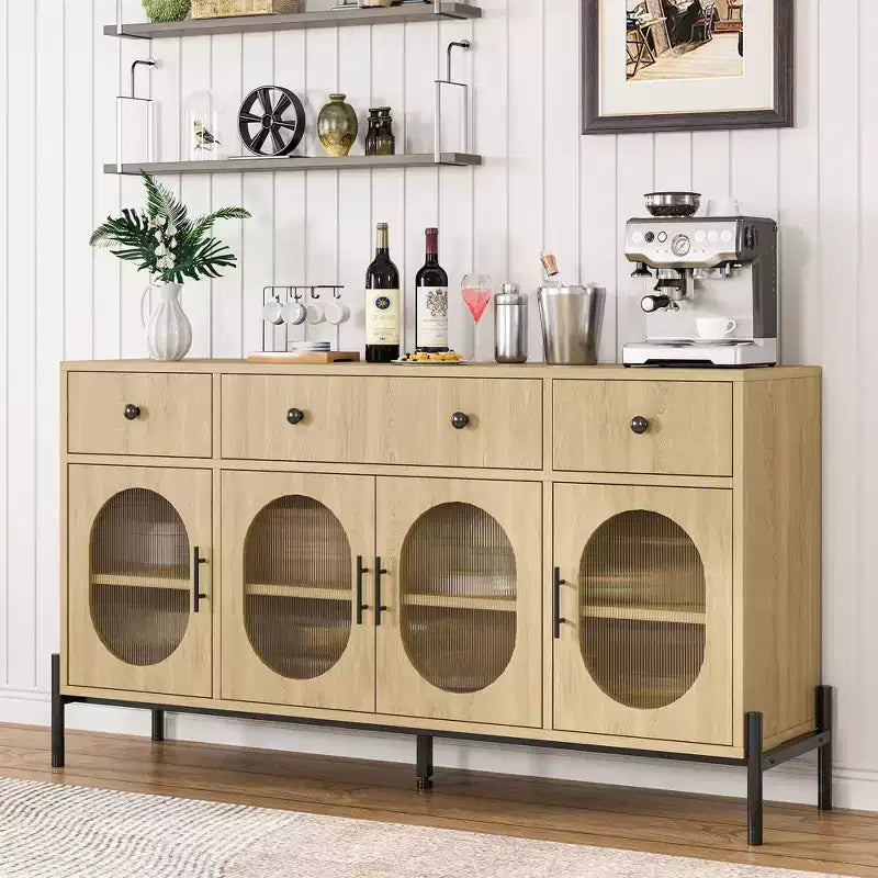 Credenza Grande da 62" con Mobile Buffet con Contenitore e 3 Cassetti, Mobile Contenitore con 4 Ante in Vetro per Tavolo Buffet Bar Caffè